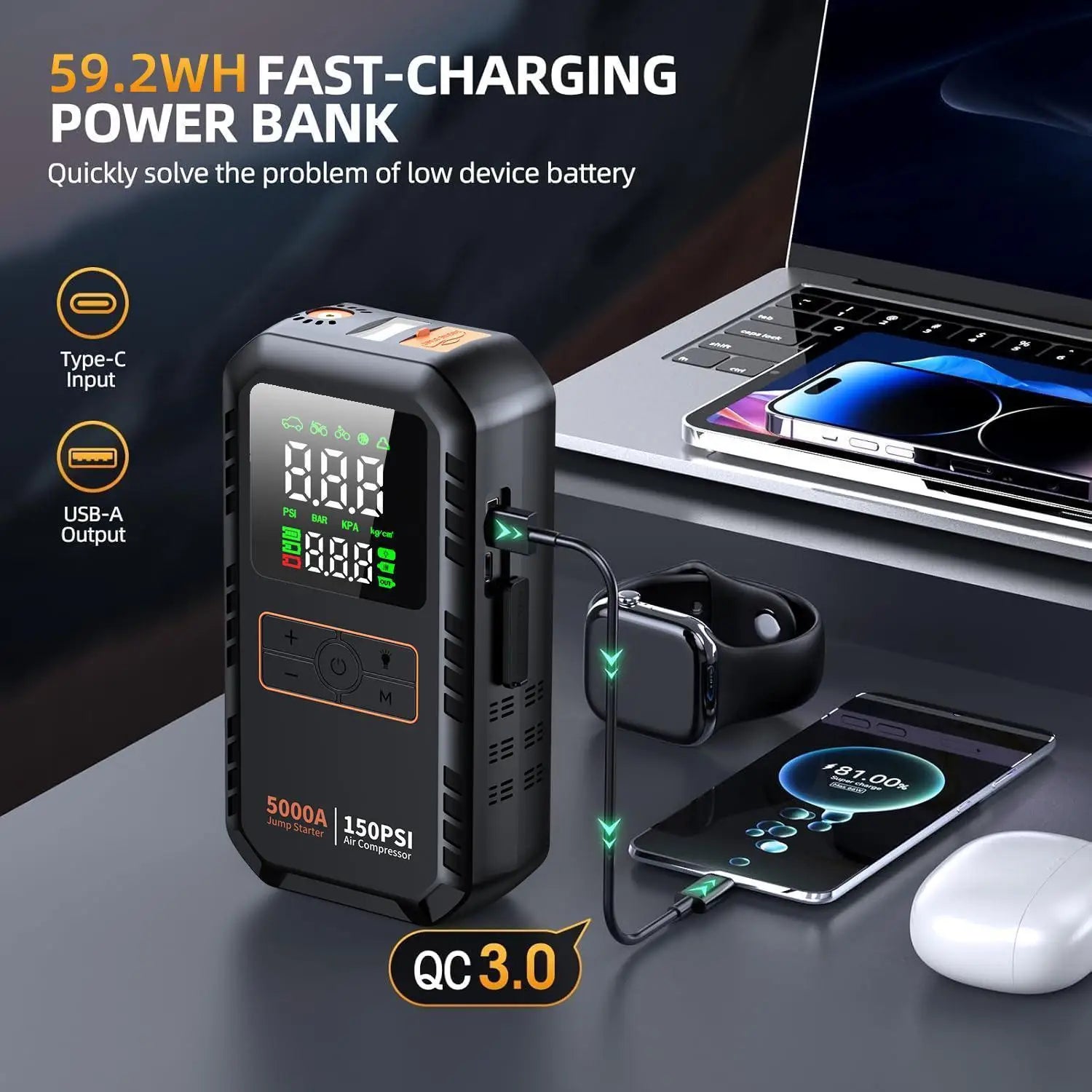 8-in-1 Car Jump Starter with Air Compressor