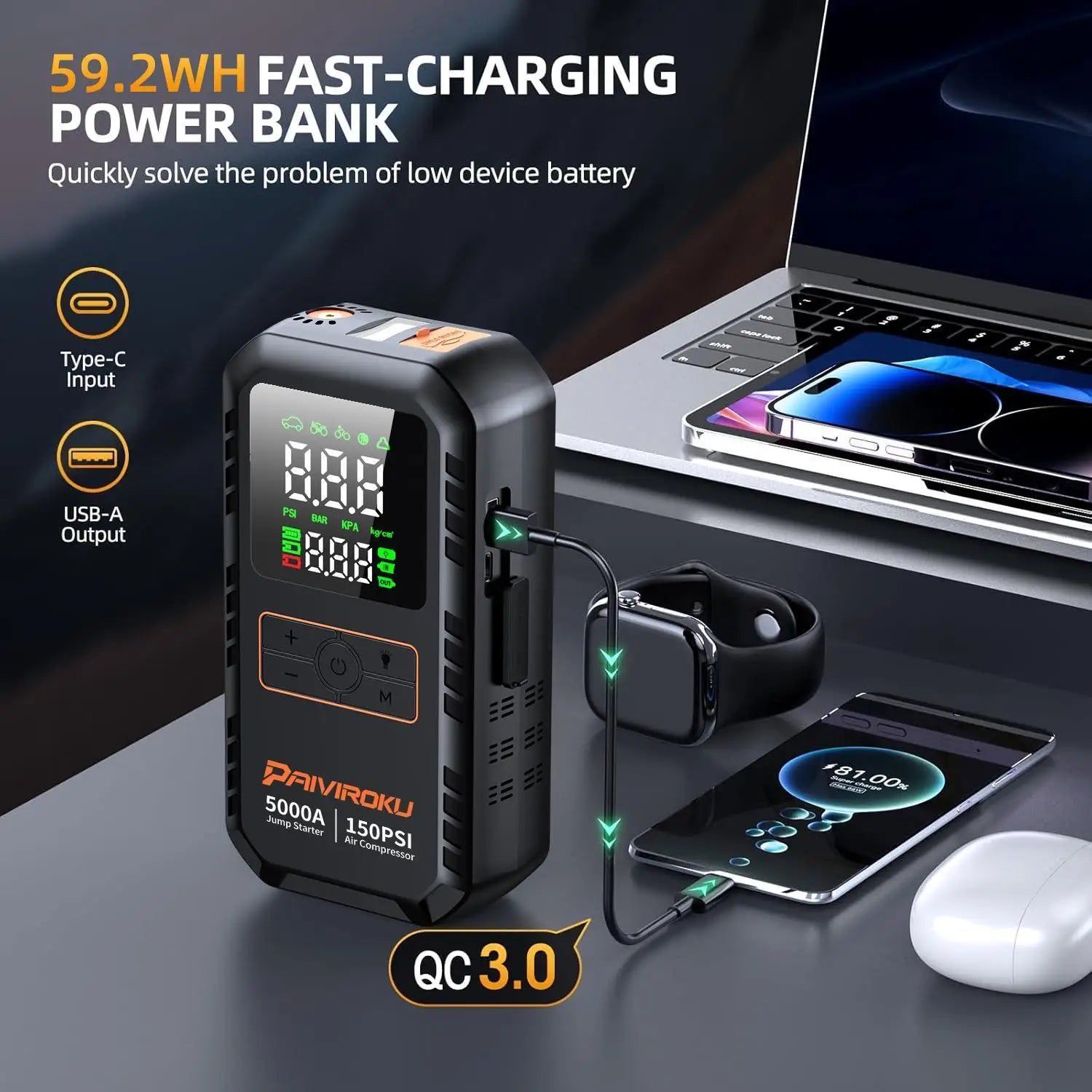 8-in-1 Car Jump Starter with Air Compressor